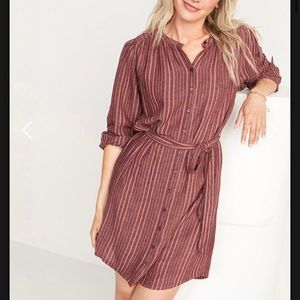 Old Navy Waist-Defined Textured Dobby-Stripe Tie-Belt Shirt Dress